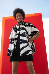 Dolman Sleeve Jacket - Abstract Cotton Blend, White/Black | Ming Wang