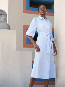 Puff Sleeve Cotton Midi Shirtdress, Cirrus Blue | Misook