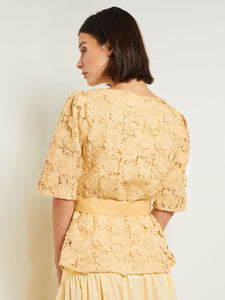 Belted Button Front Blouse - Floral Applique Woven, Pale Gold | Meison Studio Presents Misook