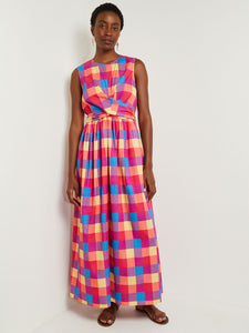 Maxi Tie Waist Dress - Plaid Cotton Blend, Radiant Pink/Adriatic Blue/Parchment | Meison Studio Presents Misook