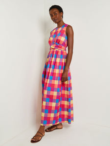 Maxi Tie Waist Dress - Plaid Cotton Blend, Radiant Pink/Adriatic Blue/Parchment | Meison Studio Presents Misook