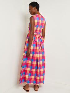 Maxi Tie Waist Dress - Plaid Cotton Blend, Radiant Pink/Adriatic Blue/Parchment | Meison Studio Presents Misook