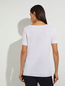 Sheer Textured Stripe Knit Tee, White | Misook