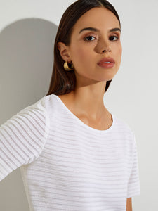 Sheer Textured Stripe Knit Tee, White | Misook