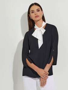 Contrast Tie V-Neck Crepe de Chine Blouse, Black/White | Misook