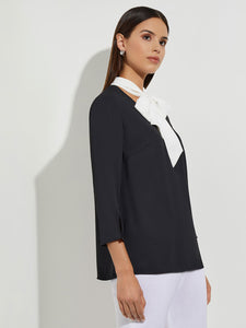 Contrast Tie V-Neck Crepe de Chine Blouse, Black/White | Misook