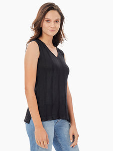 Cable Stripe V-Neck Knit Tank, Black | Misook