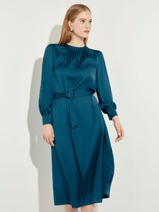 Gathered Neck Belted Crepe de Chine Dress, Galactic Teal | Misook