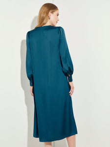 Gathered Neck Belted Crepe de Chine Dress, Galactic Teal | Misook