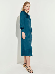 Gathered Neck Belted Crepe de Chine Dress, Galactic Teal | Misook