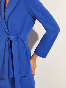 Side Tie Tailored Wrap Crepe de Chine Blazer, Satin Sky, Satin Sky | Misook Premium Details