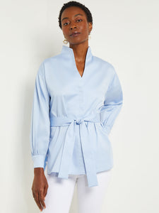 Funnel Neck Belted Cotton Blouse, Cirrus Blue | Meison Studio Presents Misook