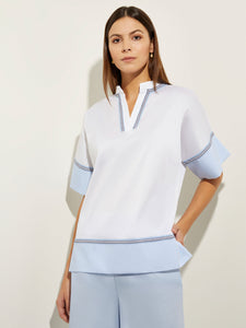 Contrast Hem Split Neck Stretch Cotton Blouse, Cirrus Blue/White/Black | Misook