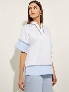 Contrast Hem Split Neck Stretch Cotton Blouse, Cirrus Blue/White/Black | Misook