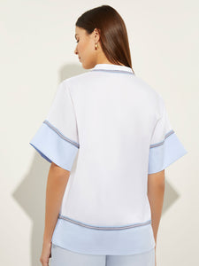 Contrast Hem Split Neck Stretch Cotton Blouse, Cirrus Blue/White/Black | Misook