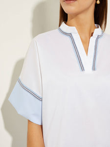 Contrast Hem Split Neck Stretch Cotton Blouse, Cirrus Blue/White/Black | Misook Premium Details