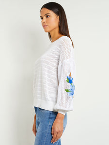 Embroidered Pointelle Knit Balloon Sleeve Sweater, White/Satin Sky/Cirrus Blue/Matisse Green/Italian Clay | Meison Studio Presents Misook