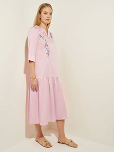 Drop Waist Embroidered Cotton Poplin Dress, Rose Petal/Macchiato/Lavender Field/Spruce | Misook