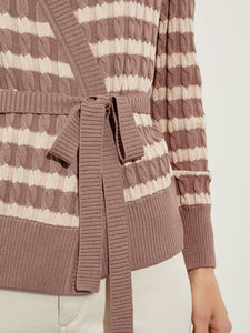 Tie-Waist Striped Soft Knit Tunic, Macchiato/Biscotti | Misook Premium Details