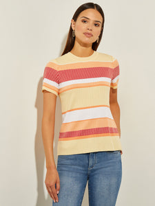 Short Sleeve Intarsia Striped Soft Knit Top, Citrus Blossom/Sunset Red/Pale Gold/White | Misook