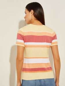 Short Sleeve Intarsia Striped Soft Knit Top, Citrus Blossom/Sunset Red/Pale Gold/White | Misook