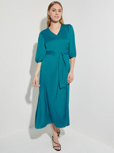 Woven Tie-Waist Balloon Sleeve Dress, French Blue | Misook