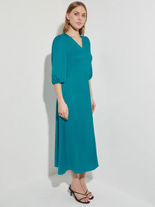 Woven Tie-Waist Balloon Sleeve Dress, French Blue | Misook