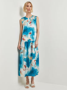 Watercolor Removable Shawl Collar Crepe Maxi Dress, French Blue/Basin Blue/Star Anise/Macadamia/Red Sunset/New Ivory | Meison Studio Presents Misook