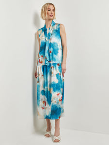 Watercolor Removable Shawl Collar Crepe Maxi Dress, French Blue/Basin Blue/Star Anise/Macadamia/Red Sunset/New Ivory | Meison Studio Presents Misook