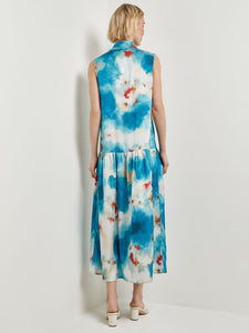 Watercolor Removable Shawl Collar Crepe Maxi Dress, French Blue/Basin Blue/Star Anise/Macadamia/Red Sunset/New Ivory | Meison Studio Presents Misook