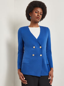 Double Breasted Open Neck Knit Jacket, Lyons Blue | Misook