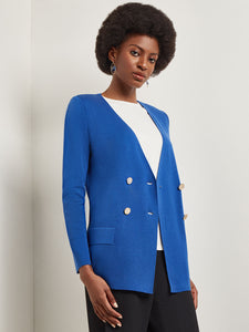 Double Breasted Open Neck Knit Jacket, Lyons Blue | Misook