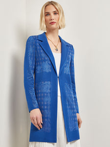 Burnout Floral Pattern Knit Jacket, Lyons Blue | Misook