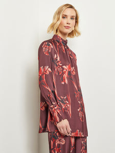 Floral Gathered Mock Neck Crepe de Chine Blouse, Mahogany/Classic Red/Venetian Rose/Biscotti/Black | Misook