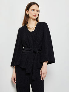 Sparkle Tie-Waist Bell Sleeve Woven Jacket, Black | Misook