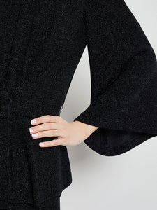 Sparkle Tie-Waist Bell Sleeve Woven Jacket, Black | Misook Premium Details