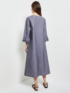 Floral Embroidered Cotton Poplin Midi Dress, Grey, Grey | Misook