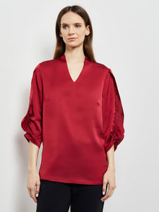 Gathered Tulip Sleeve Crepe de Chine Blouse, Scarlet Red, Scarlet Red | Misook