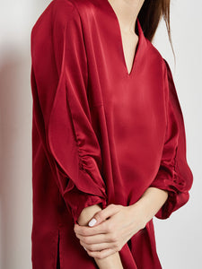 Gathered Tulip Sleeve Crepe de Chine Blouse, Scarlet Red, Scarlet Red | Misook Premium Details