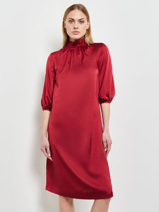 Pleated Mock Neck Crepe de Chine A-Line Dress, Scarlet Red, Scarlet Red | Misook