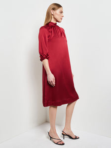 Pleated Mock Neck Crepe de Chine A-Line Dress, Scarlet Red, Scarlet Red | Misook