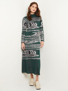 Mock Neck Jacquard Knit A-Line Maxi Dress, Hunter Green/Neutral Grey/Black | Misook