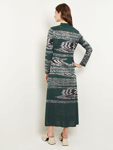 Mock Neck Jacquard Knit A-Line Maxi Dress, Hunter Green/Neutral Grey/Black | Misook