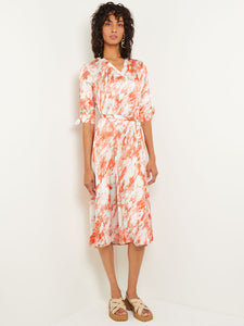 Midi A-Line Dress - V-Neck Print Crepe de Chine, Spice/Citrine/Italian Clay/Biscotti/Light Biscotti | Misook