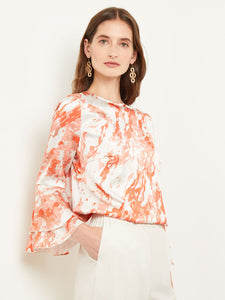 Flounce Sleeve Blouse - Jewel Neck Print Crepe de Chine, Spice/Citrine/Italian Clay/Biscotti/Light Biscotti | Misook