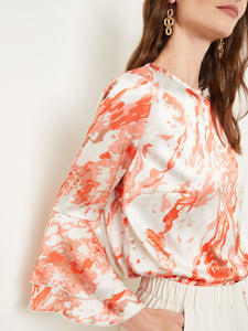 Flounce Sleeve Blouse - Jewel Neck Print Crepe de Chine, Spice/Citrine/Italian Clay/Biscotti/Light Biscotti | Misook