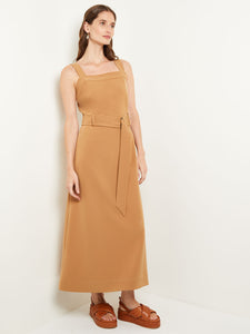 Maxi A-Line Dress - Belted Square Neck Stretch Woven, Italian Clay/Black | Misook