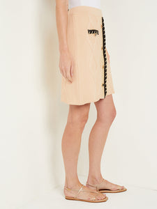 Knee Length A-Line Skirt - Button Detail Cozy Textural Knit, Biscotti/Black | Meison Studio Presents Misook