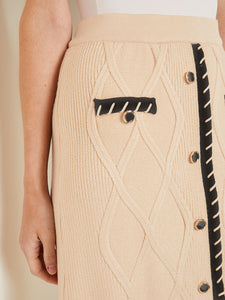 Knee Length A-Line Skirt - Button Detail Cozy Textural Knit, Biscotti/Black | Meison Studio Presents Misook