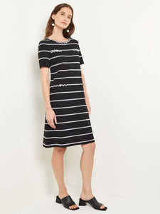 Knee Length Shift Dress - Scoop Neck Intarsia Knit, Black/White | Misook